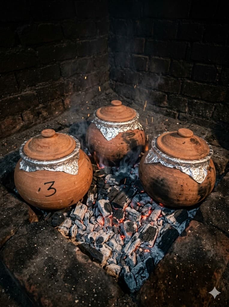 Three sealed matkas cooking on charcoal
